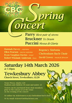 Cheltenham Bach Choir performed a Spring Concert on Saturday, 14th March 2026 at Tewkesbury Abbey.